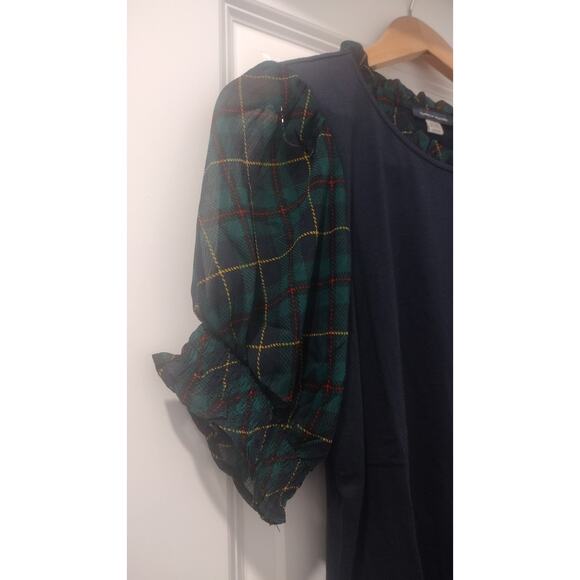 New~ Women's Tommy Hilfiger Plaid Trim Puffed Sleeve Top Medium - Picture 6 of 8